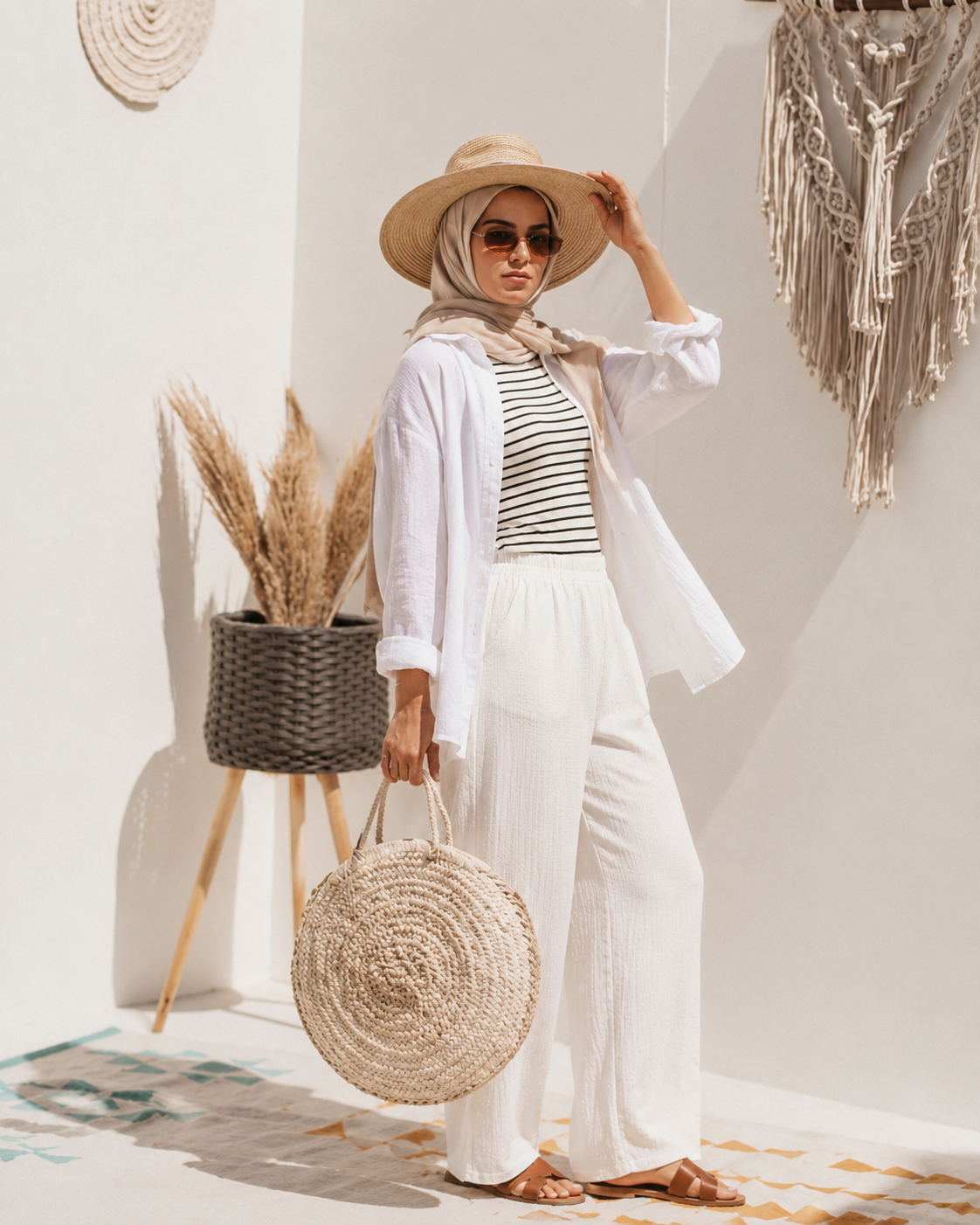 Woman in a stylish outfit with a hat and sunglasses, holding a round woven bag in a minimalistic setting.