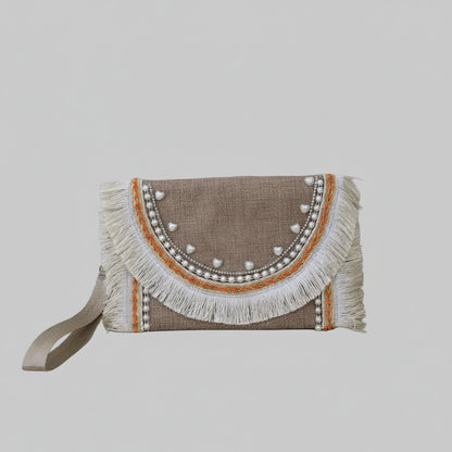 Boho embroidered fringe clutch by Khoos