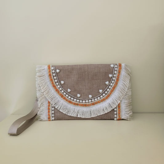 Boho embroidered fringe clutch by Khoos
