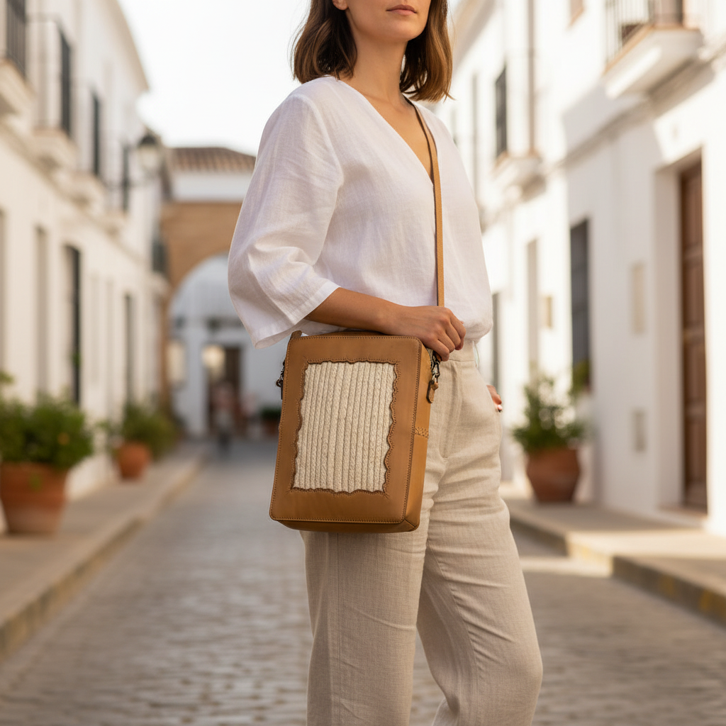 Leather sleeve with woven palm panel and crossbody strap — Khoos