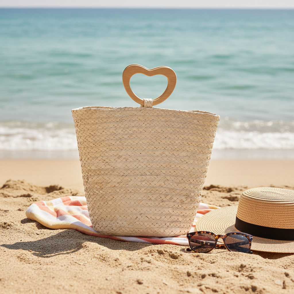 Palm bucket bag with wooden heart handle — Khoos