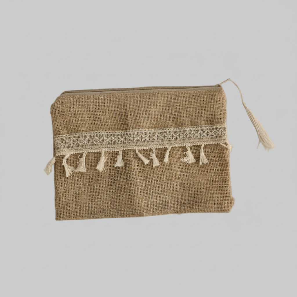 Jute clutch with lace trim by Khoos