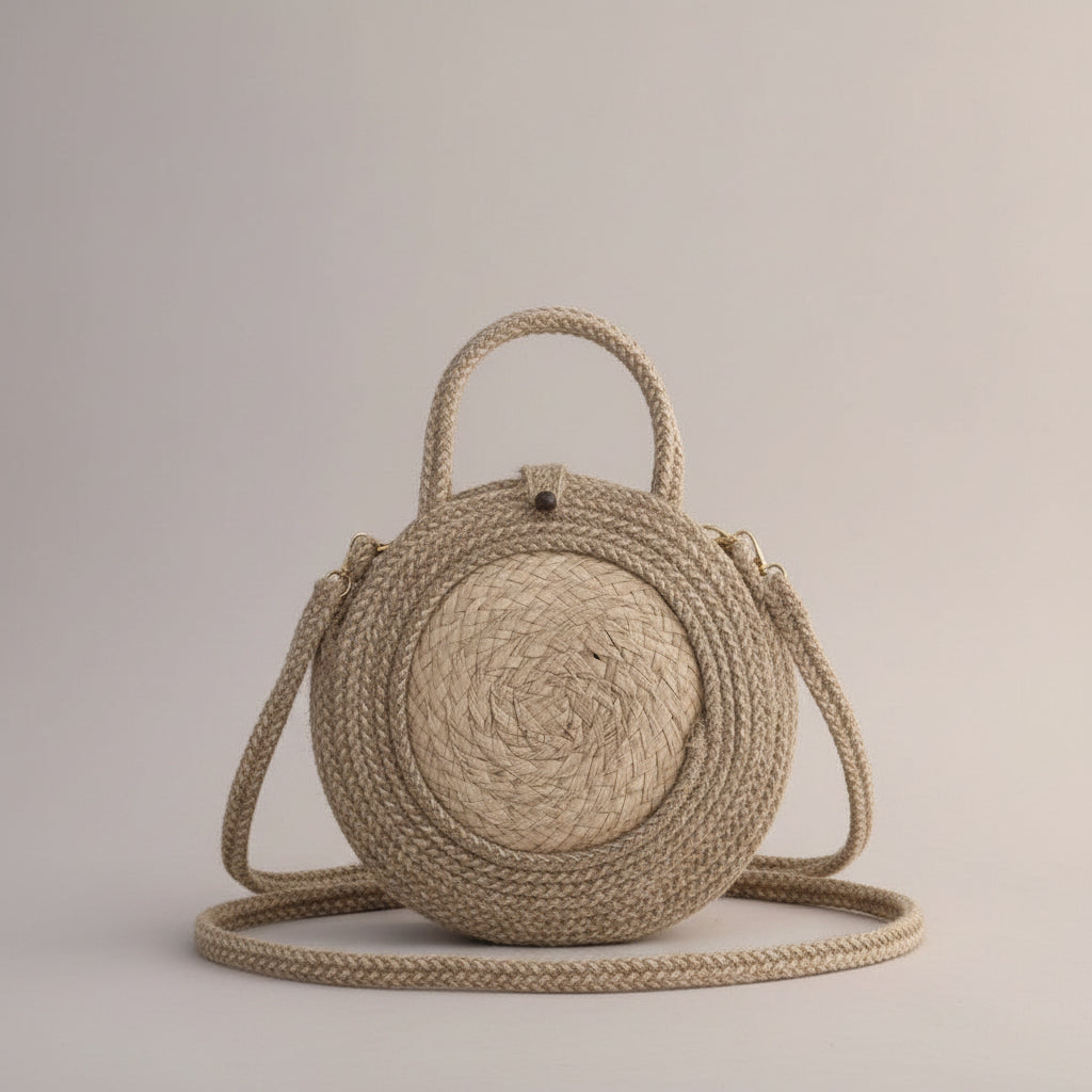Round coiled jute crossbody bag by Khoos