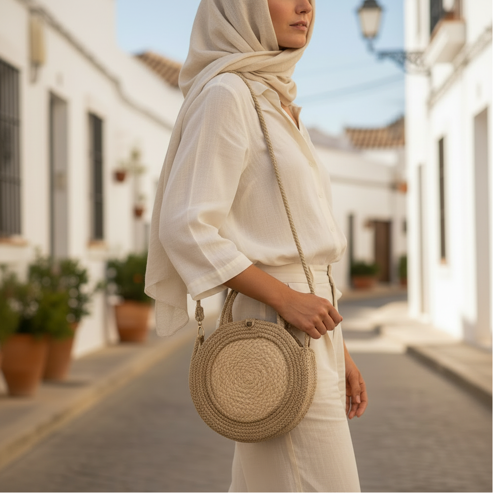 A woman in a white blouse and white trousers carries a round woven straw shoulder bag with a gold chain strap, standing on a sunlit cobblestone street between white buildings.