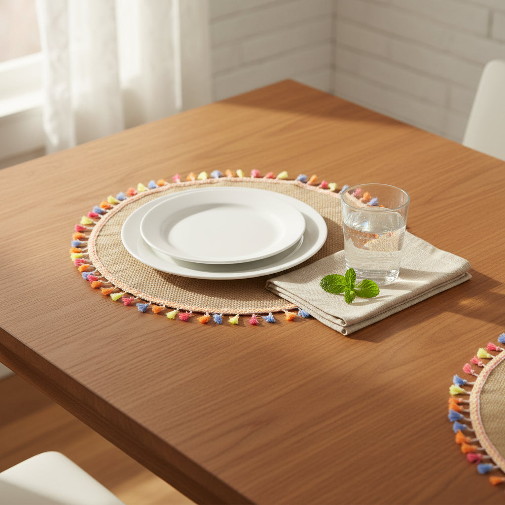 Round jute tassel placemat, detail — Khoos