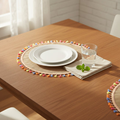 Round jute tassel placemat, detail — Khoos