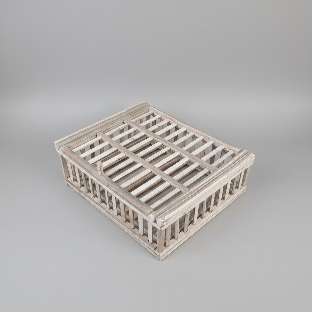 Whitewashed rattan storage crate, front view — Khoos