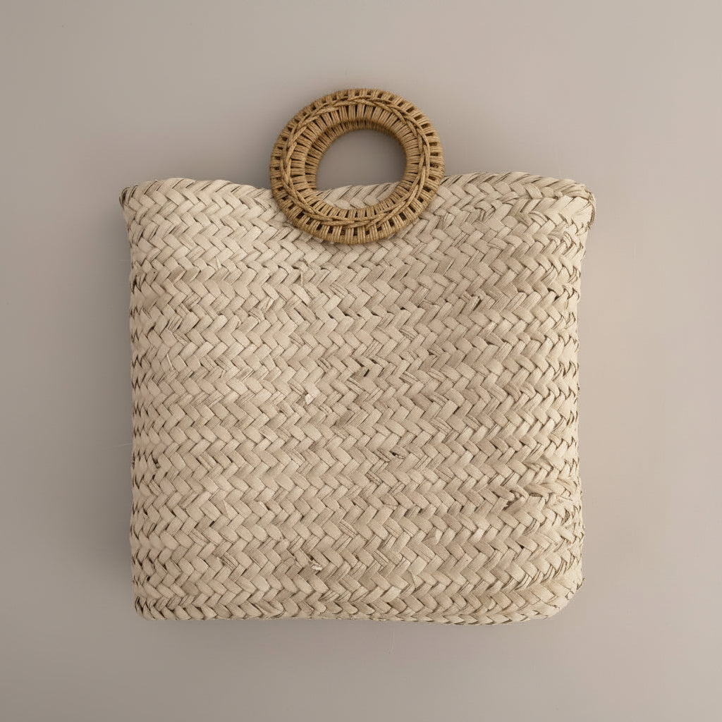Woven palm clutch with rattan ring handle by Khoos