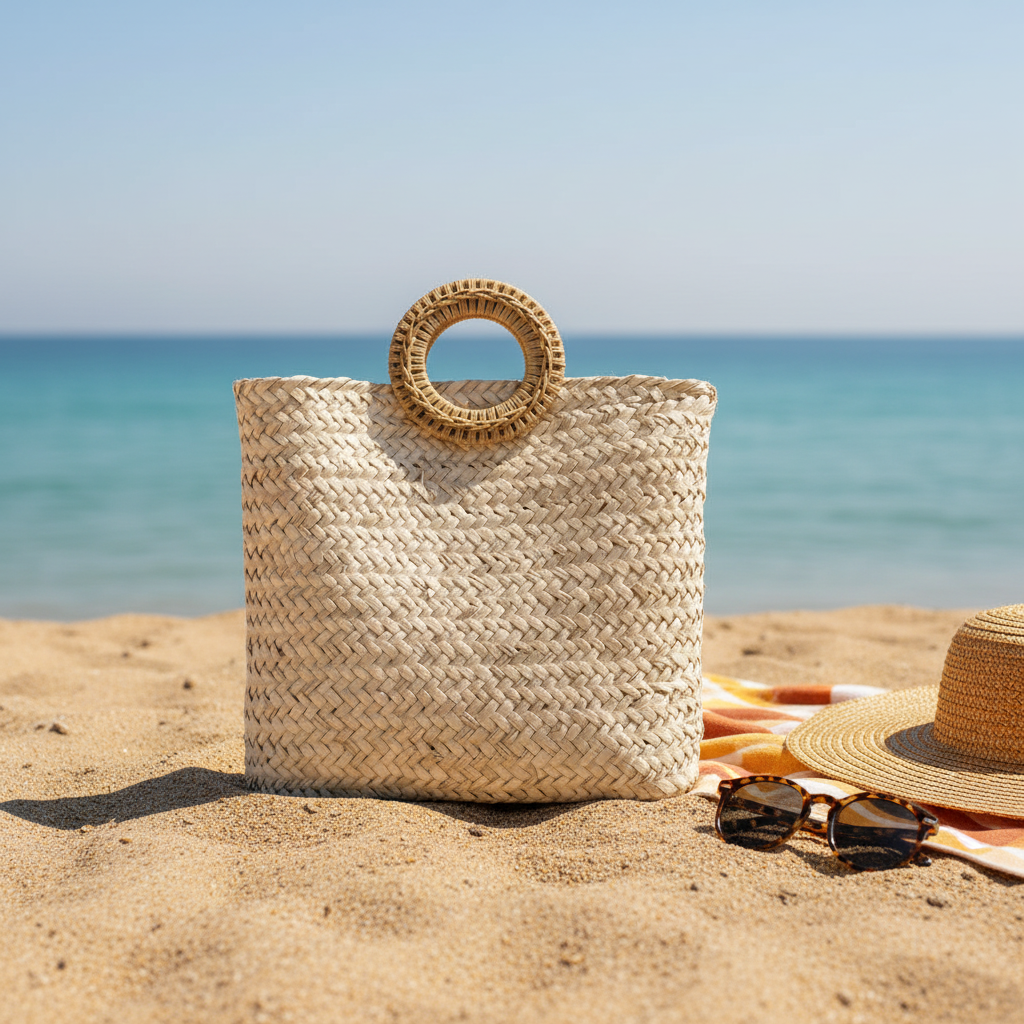 Palm beach bag with rattan ring handle — Khoos