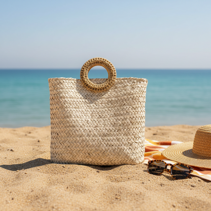 Palm beach bag with rattan ring handle — Khoos