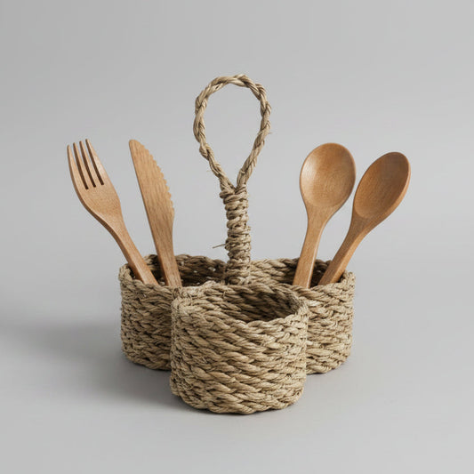Hanging mini woven baskets on a braided loop by Khoos