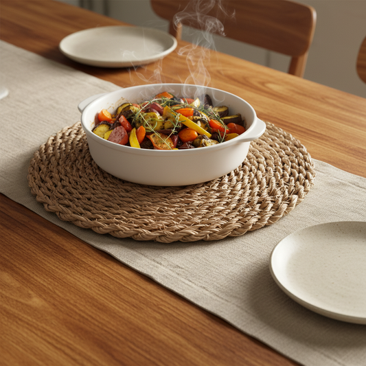Seagrass spiral trivet on a table setting — Khoos