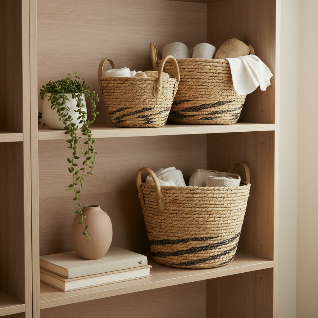 Set of small seagrass baskets with leather handles — Khoos
