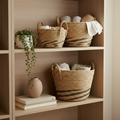 Set of small seagrass baskets with leather handles — Khoos