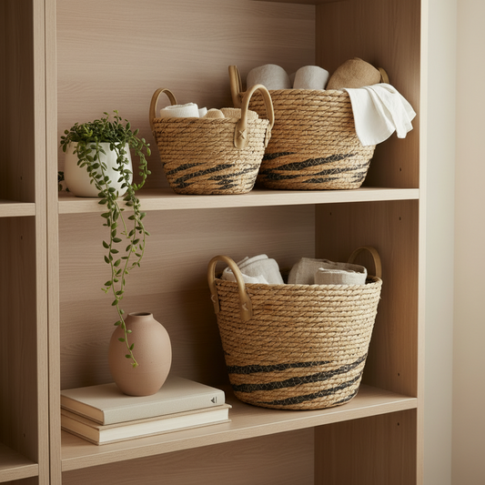 Set of small seagrass baskets with leather handles — Khoos