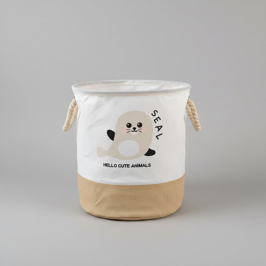 Kids drawstring storage bin with seal print by Khoos