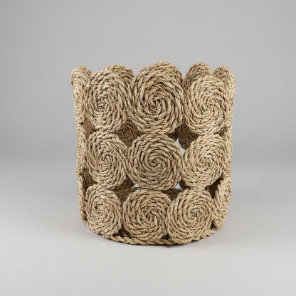 Handwoven seagrass rope-rosette basket, 30 cm, front view on a light background — Khoos