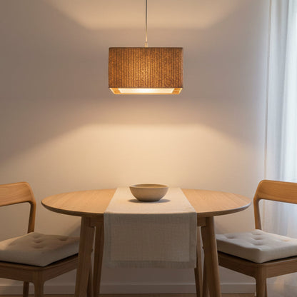 Square woven palm ceiling lamp, lit — Khoos