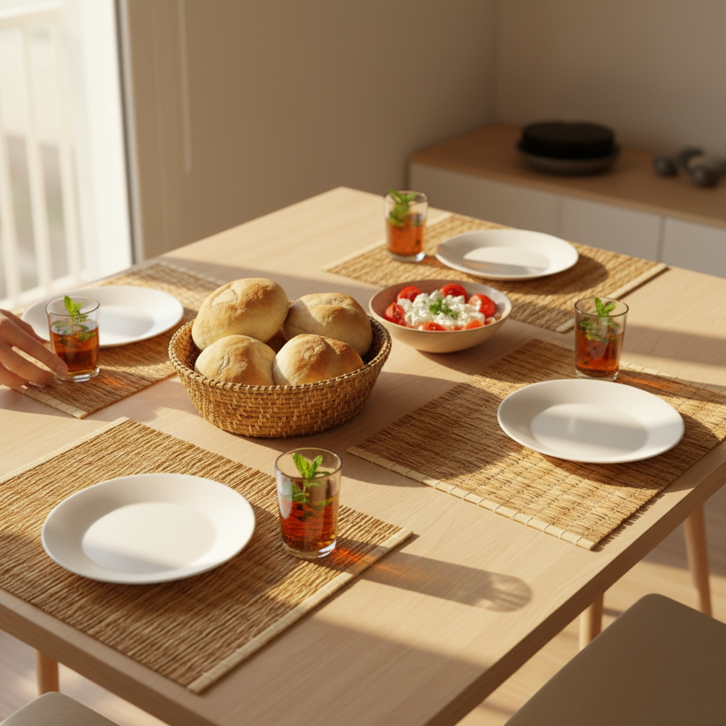 Oasis rectangular woven placemat on a table setting — Khoos