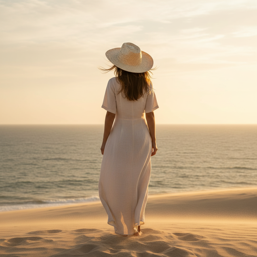 A woman stands on a sandy beach facing the ocean at sunset, wearing a long white dress and a wide-brimmed straw hat.
