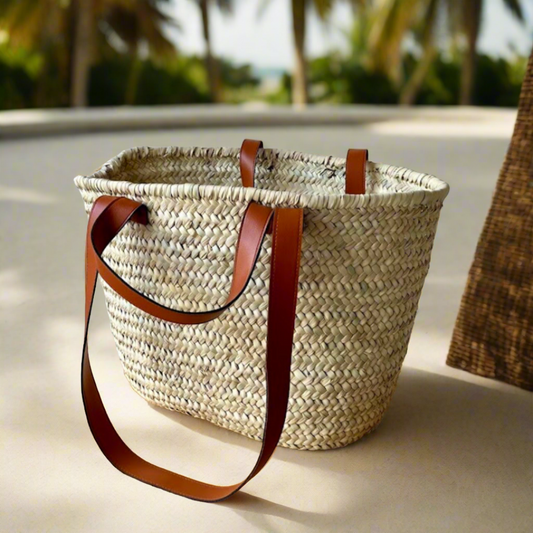 Woven bag with leather handle