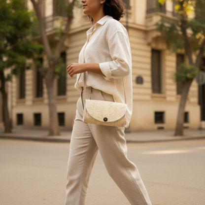 A woman walking outdoors on a city street wearing a cream-colored button-up shirt, matching trousers, and carrying a textured cream envelope-style shoulder bag.
