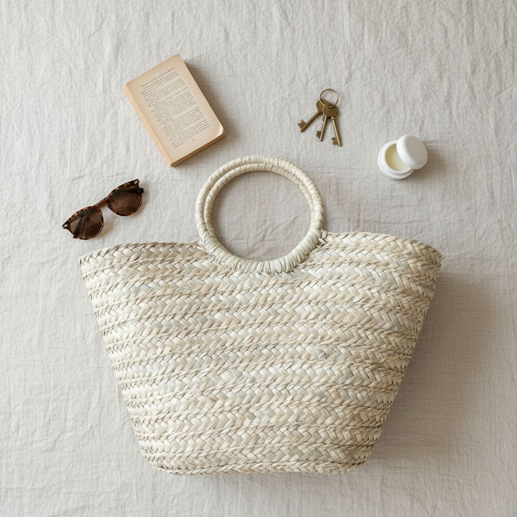Round ring handle palm bag, detail view — Khoos
