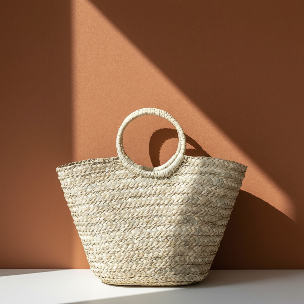 Round palm bag with ring handles, handmade in Egypt by Khoos