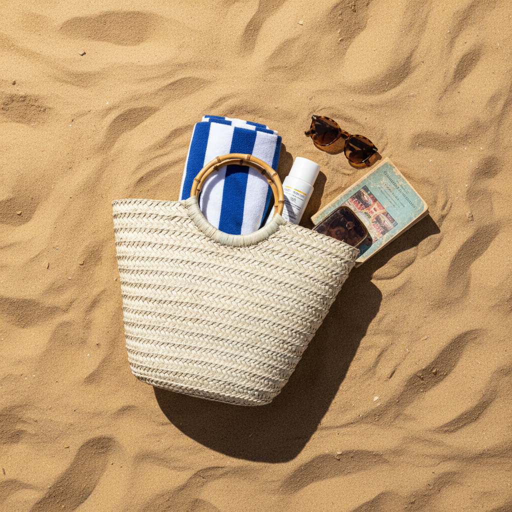 Boho Breeze basket bag with bamboo handles, additional view — Khoos