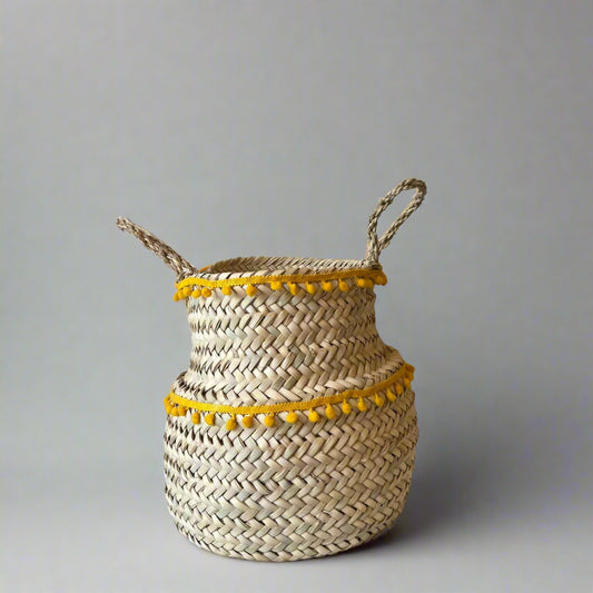 Woven Basket with Yellow Pom Pom