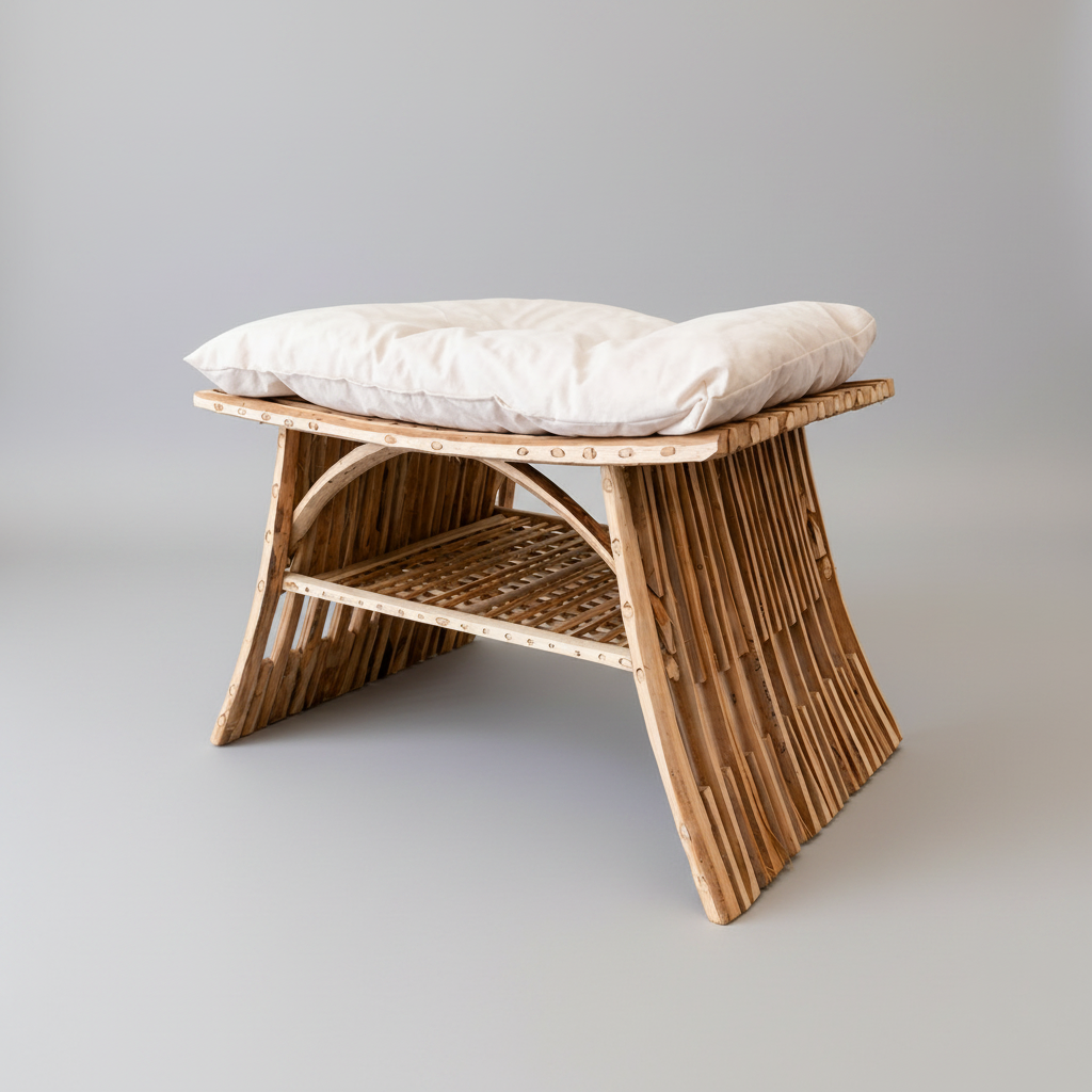 Al-Nakhaal handwoven palm stool with ivory cotton cushion, studio view - Khoos