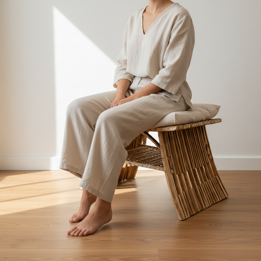 Woman seated on the Al-Nakhaal palm stool in a sunlit room, showing its size in use - Khoos