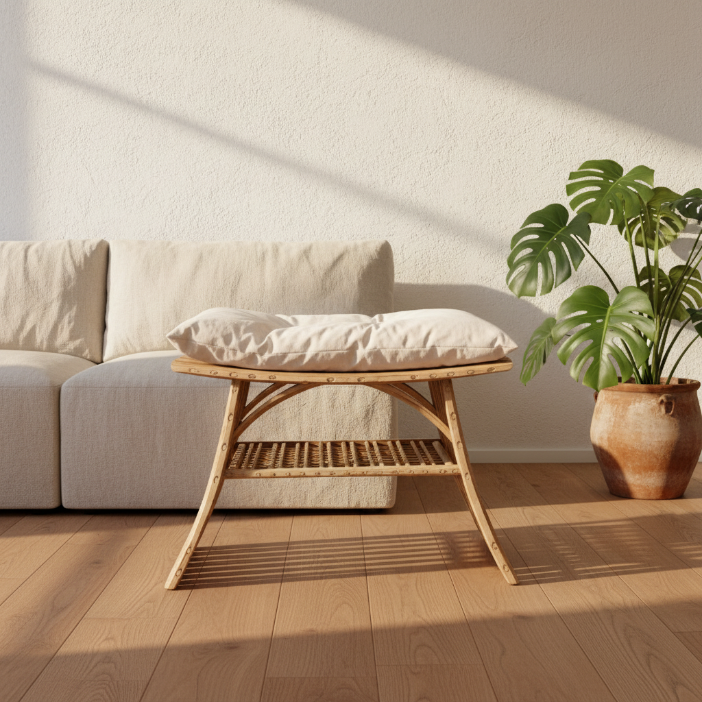 Al-Nakhaal palm stool as extra seating beside a linen sofa in a sunlit living room - Khoos
