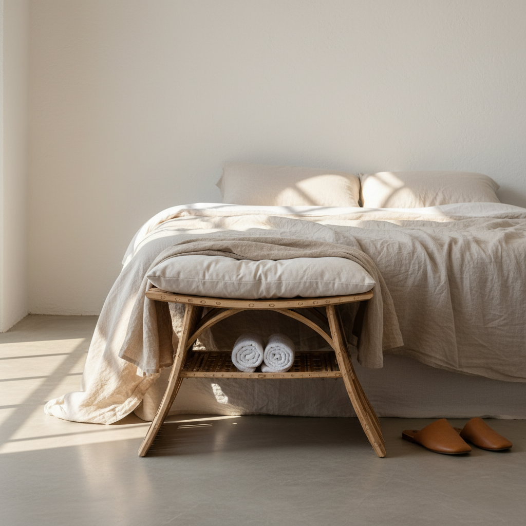Al-Nakhaal palm stool at the foot of a bed with a linen throw and rolled towels on the lower shelf - Khoos