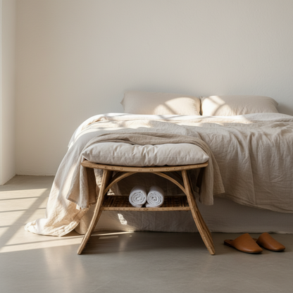 Al-Nakhaal palm stool at the foot of a bed with a linen throw and rolled towels on the lower shelf - Khoos