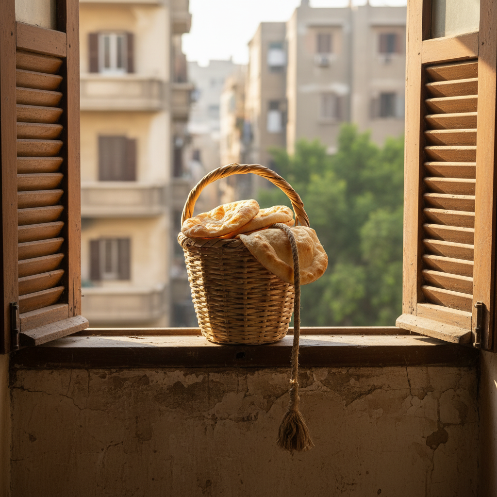 Balcony basket on an old Cairo apartment windowsill filled with round aish baladi bread, rope with a tassel hanging over the sill, wooden shutters open — Khoos