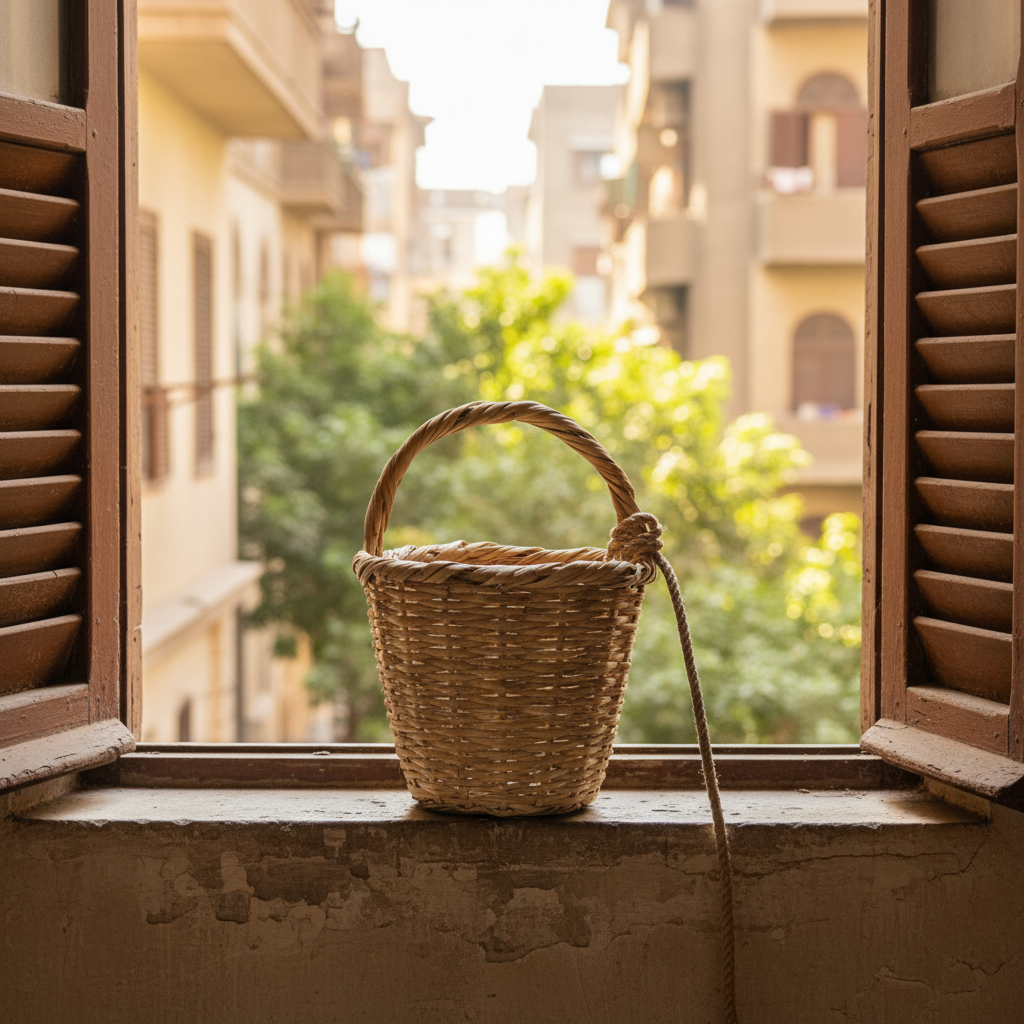 Balcony basket on a shuttered old Cairo apartment windowsill, rope tied to the handle disappearing toward the street below — Khoos