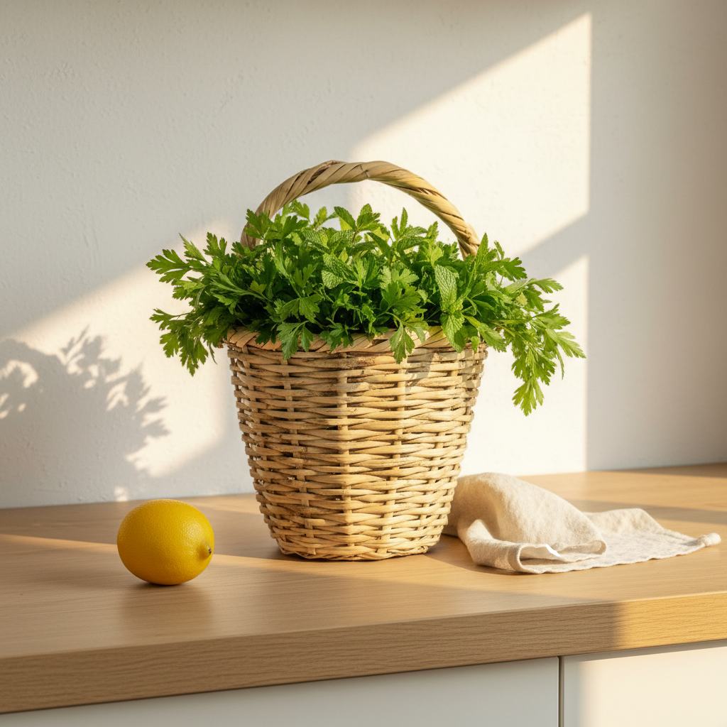 Balcony basket used in a modern Cairo kitchen, filled with parsley and mint beside a lemon and linen cloth on a pale oak counter — Khoos