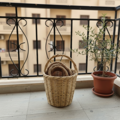 Balcony basket on a small Cairo balcony beside a potted olive plant, a coiled rope inside it, wrought iron railing and pale plaster buildings across the street — Khoos