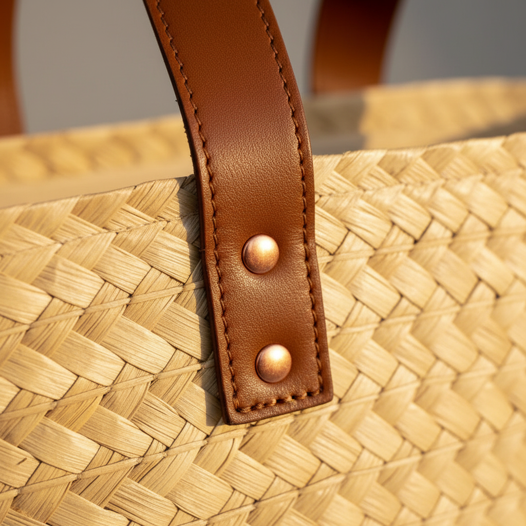 Close-up of the tan leather strap stitched to the rim of the handwoven palm beach bag, showing the leather grain and palm weave — Khoos