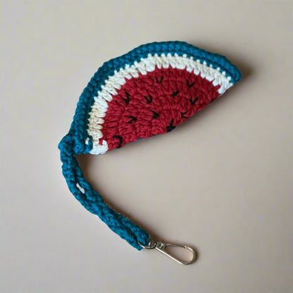 Watermelon hand-crocheted sunglasses case in red, white and teal with a wrist strap and clip, 14 cm — Khoos