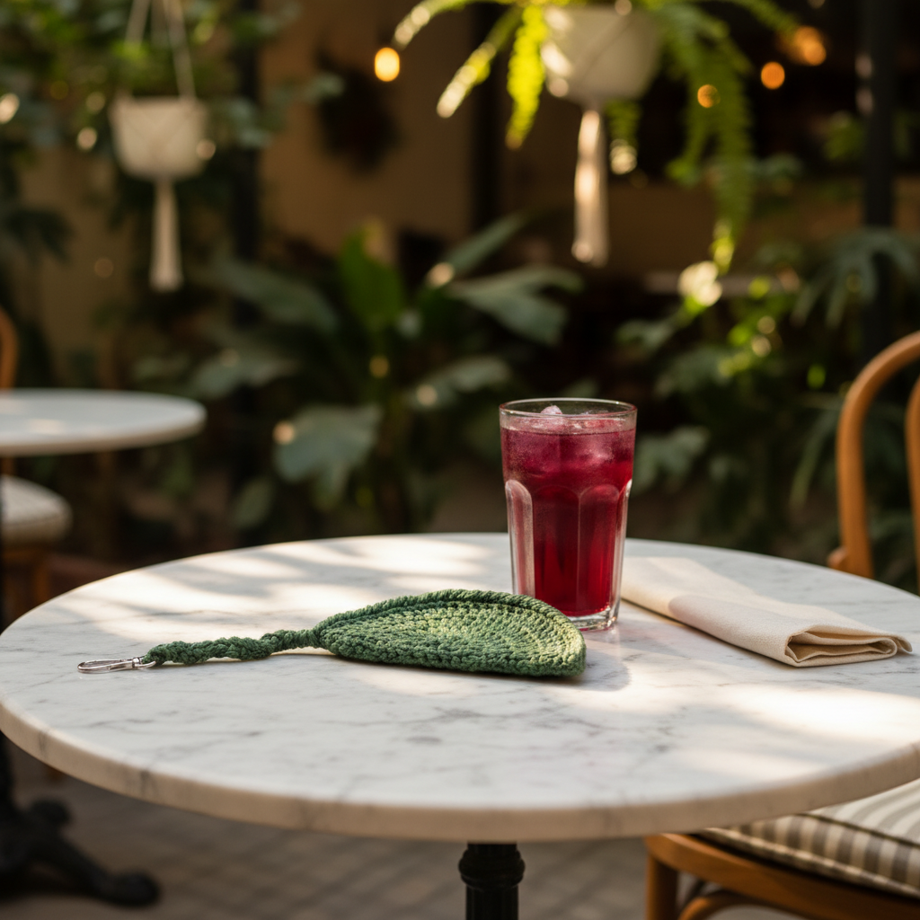 Olive hand-crocheted sunglasses case on a marble cafe table beside a glass of iced karkadeh in a leafy Cairo garden cafe — Khoos
