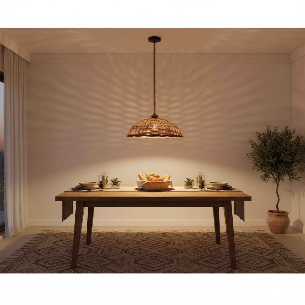A woven rattan pendant light with a dark metal rod hangs over a wooden dining table in a warmly lit dining room setting.