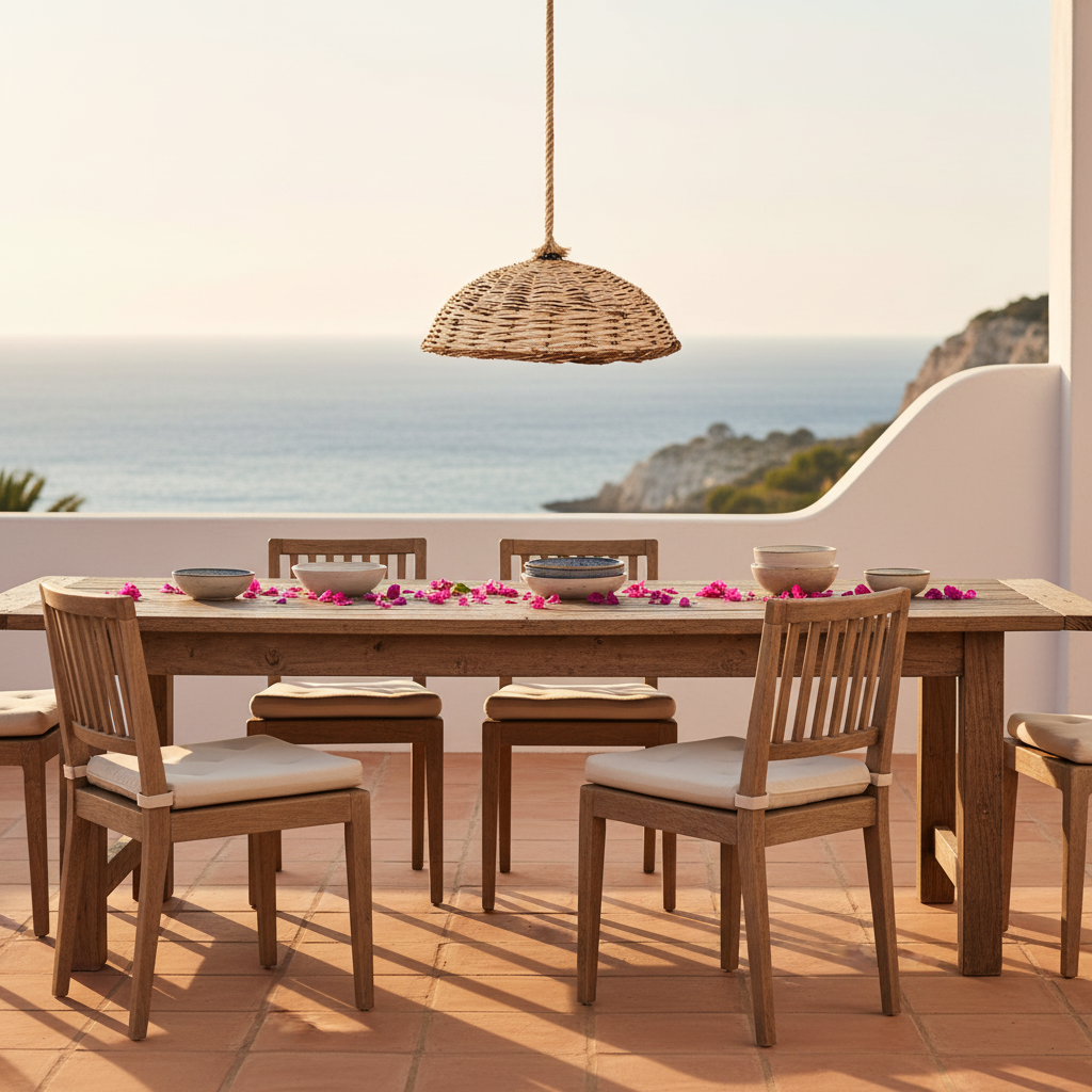 A wooden dining table with six matching chairs featuring light beige cushions, set on a terracotta tiled patio with an ocean and cliff view. A woven wicker pendant light hangs above, and pink flower petals are scattered across the table.