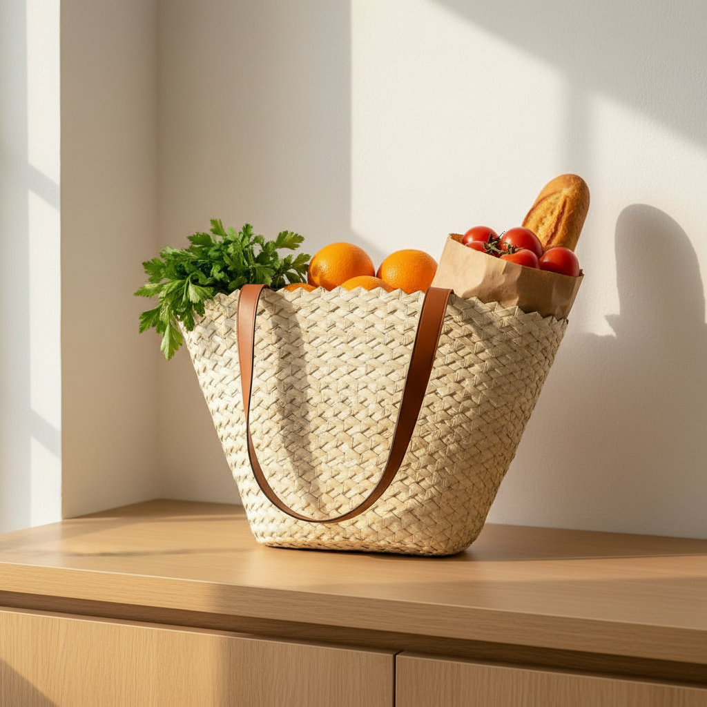 Eco-Chic palm tote used as a market bag on a kitchen counter, filled with parsley, oranges, tomatoes and a baguette — Khoos