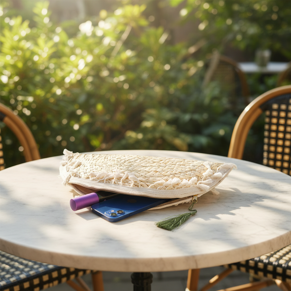 Fringed half-moon clutch open on a marble cafe table with lipstick, phone and green tassel spilling out, in a leafy sunlit garden cafe — Khoos