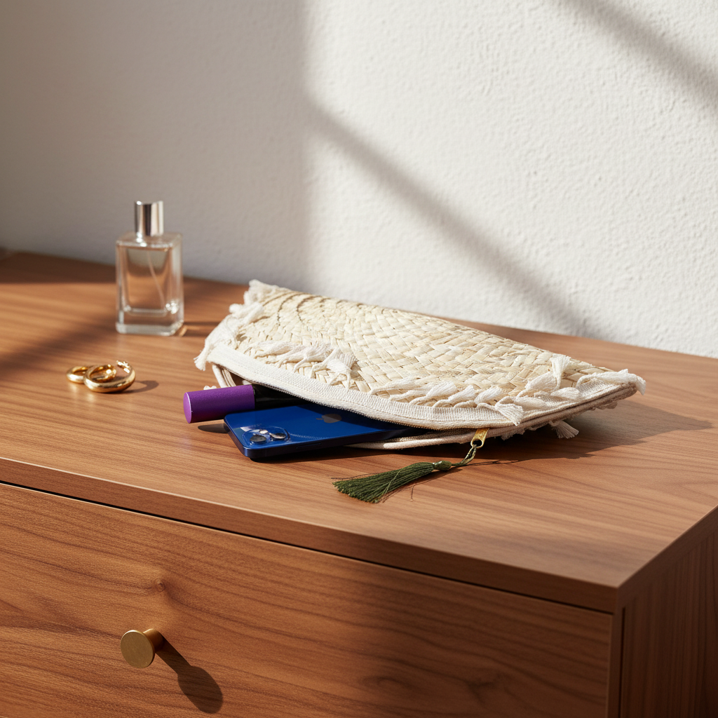 Fringed half-moon clutch on a walnut vanity dresser with gold hoop earrings and a perfume bottle, warm morning light — Khoos