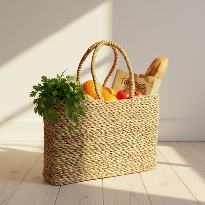 Halfa rectangular bag used as a market bag on a sunlit apartment floor, filled with parsley, oranges, tomatoes and a baguette — Khoos