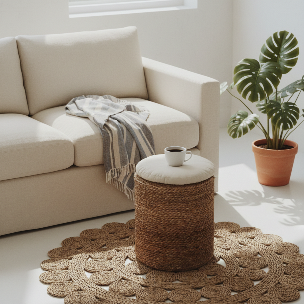 Halfa Rolled Comfort Stool beside a linen sofa on a woven rug in a bright living room — Khoos