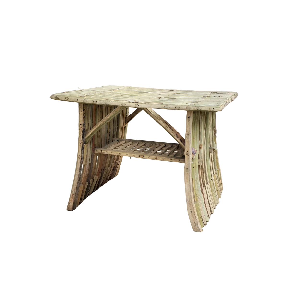 Al-Nakhaal palm midrib side table with lower shelf on a plain white background | Khoos